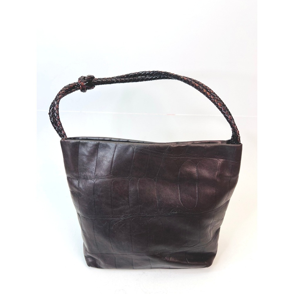 Falor Le Borse Italy Dark Brown Croc Embossed Leather Braided Strap Shoulder Bag